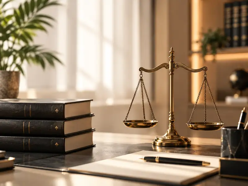 Livros jurídicos e balança da justiça em escritório elegante